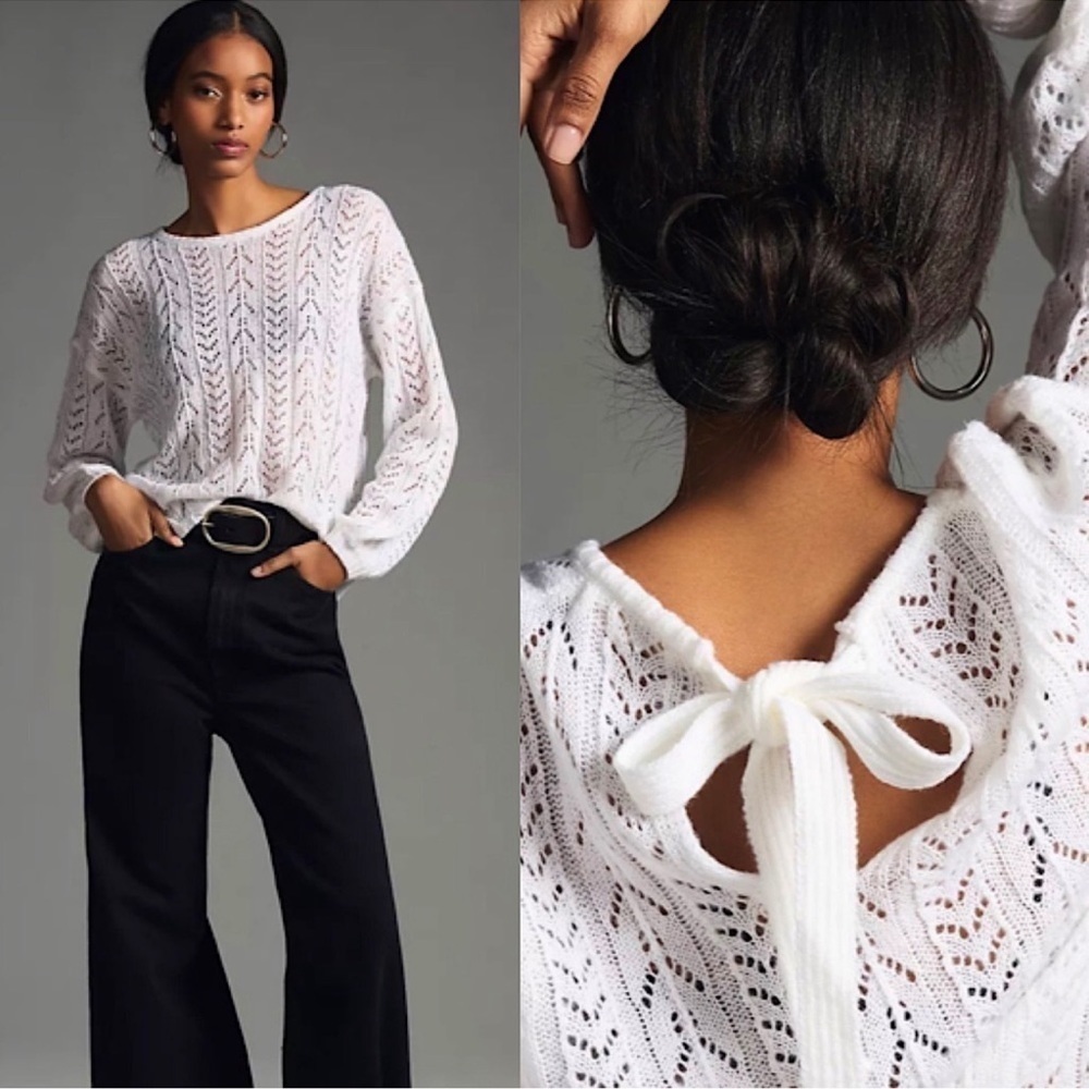 NWT! Anthropologie Bishop + Young Pointelle Crewneck Sweater in Ivory​​​​​​